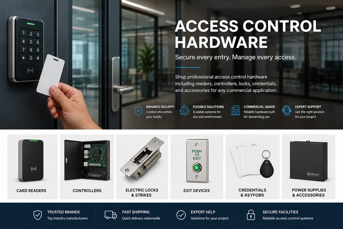 Commercial access control hardware including readers, controllers, credentials, and power supplies