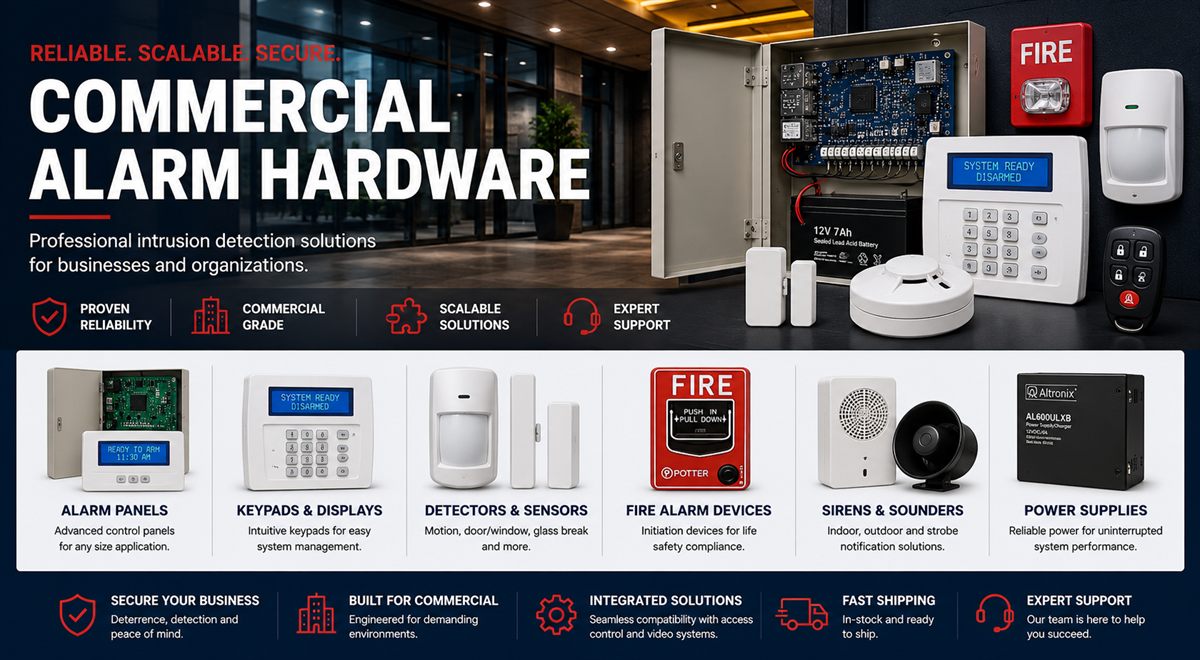 Commercial alarm hardware including panels, keypads, sensors, and backup batteries
