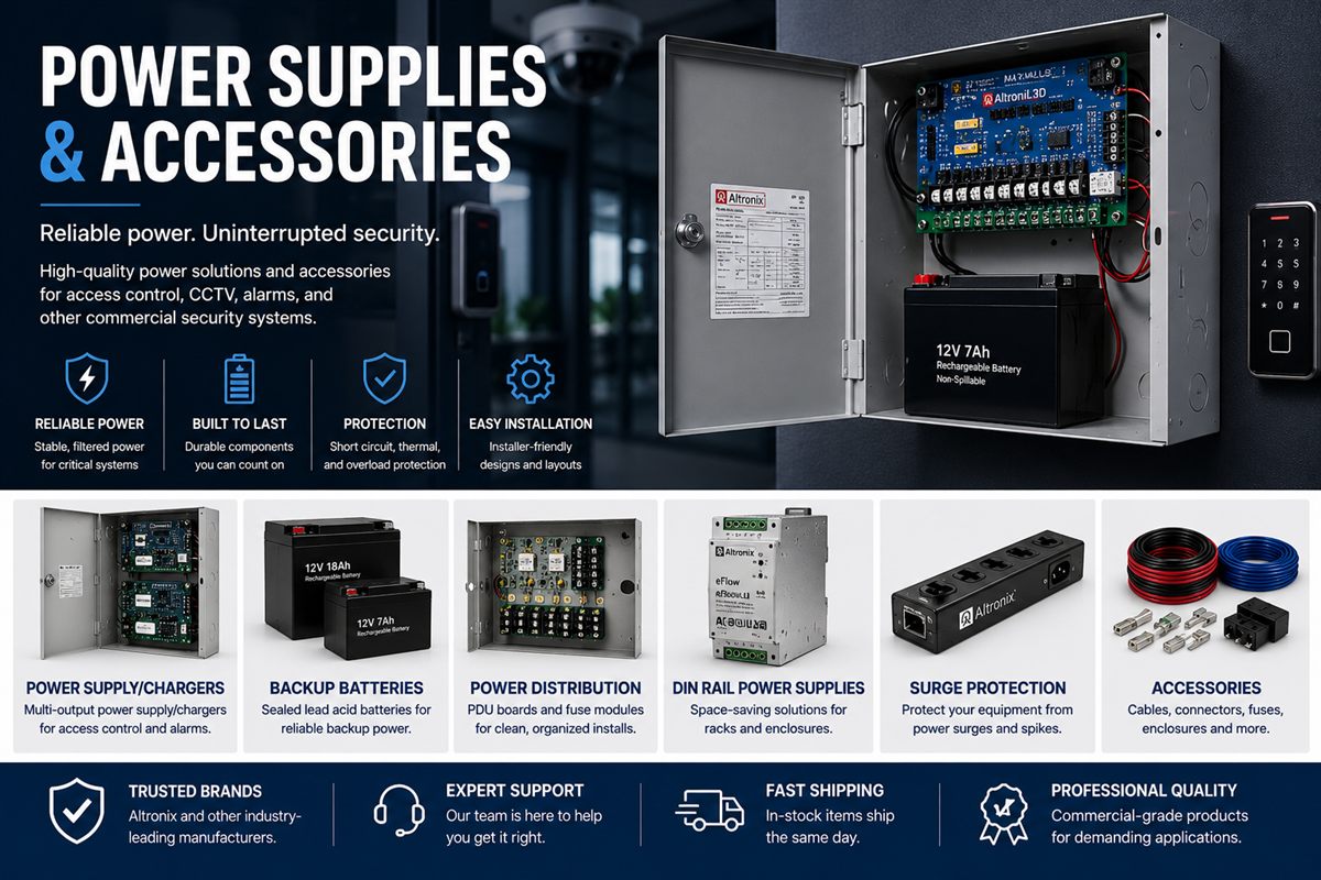 Commercial security power supplies, backup batteries, surge protection, and accessories