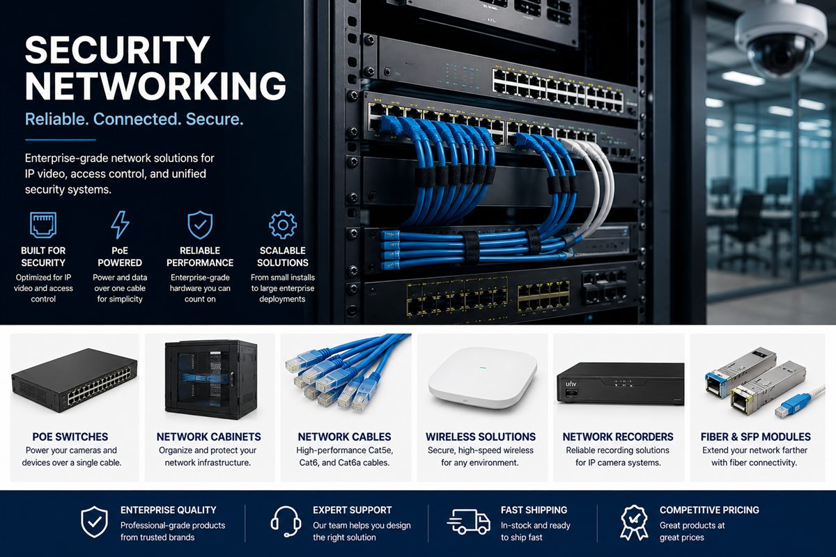 Security networking equipment including PoE switches, racks, and cabling for commercial systems
