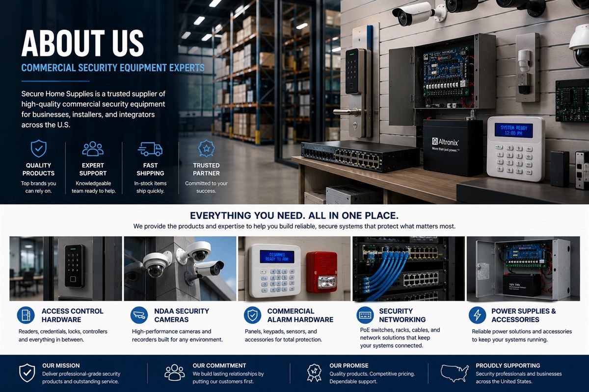 Commercial security equipment supplier showroom with access control, cameras, alarm hardware, networking, and power supplies