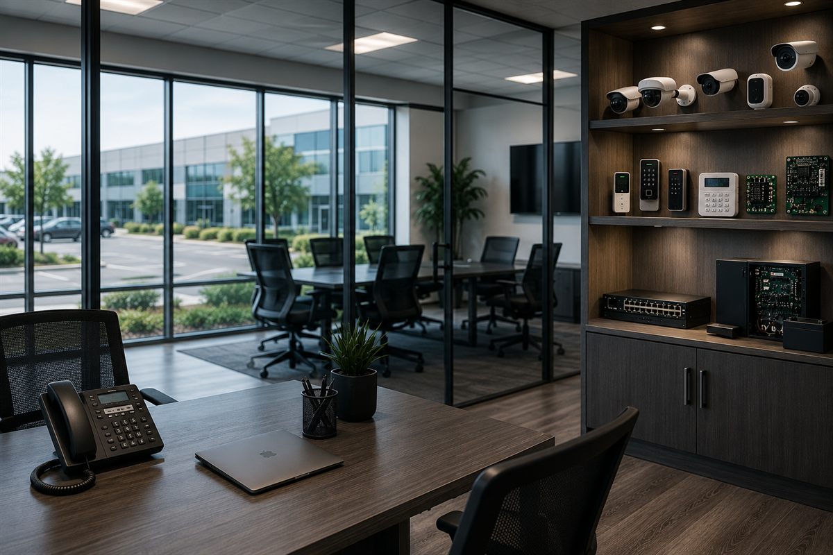 Professional commercial office with security equipment display for SecureHomeSupplies contact page
