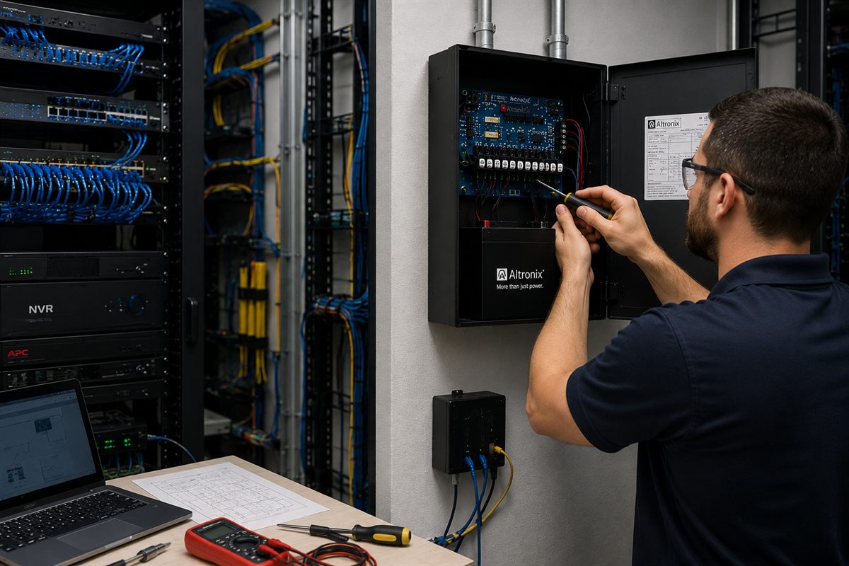 Security technician working inside a telecom room equipment cabinet